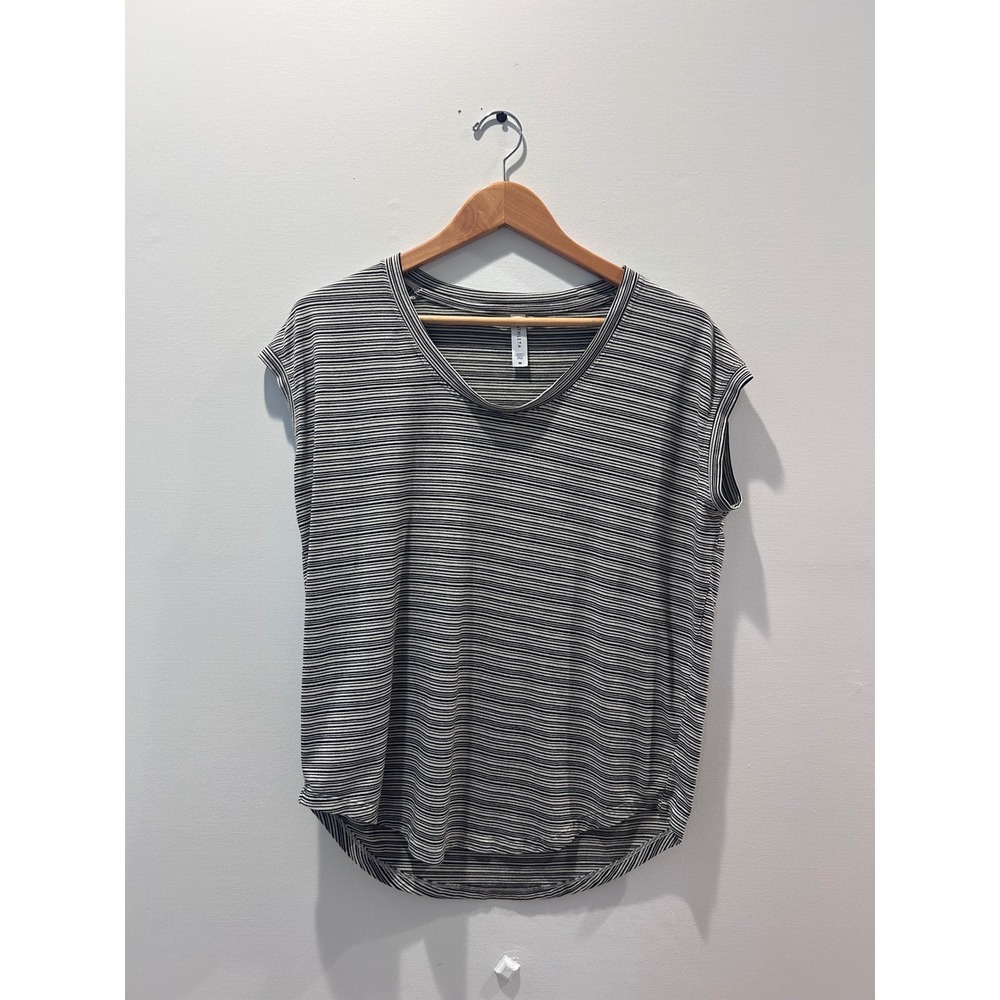Athleta V-Neck Top Women Size M Black White Striped Cap Sleeve Relaxed Fit